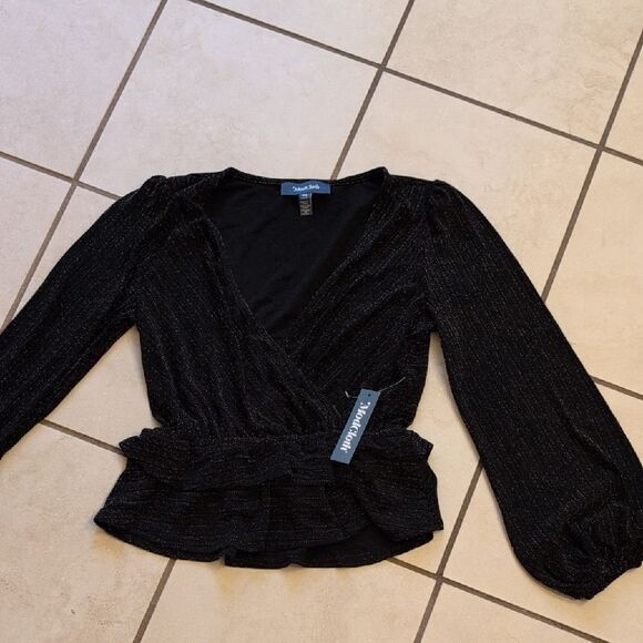 NWT ModCloth Layered In Luminosity black balloon long sleeve blouse metallic XS - Picture 2 of 10